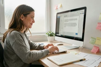 Femme designer tapant du texte de remplissage Lorem Ipsum dans une maquette web sur un grand écran d'ordinateur dans un bureau moderne