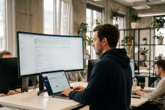 Développeur intégrant une signature électronique via API sur un écran ultrawide affichant du code JSON dans un bureau moderne
