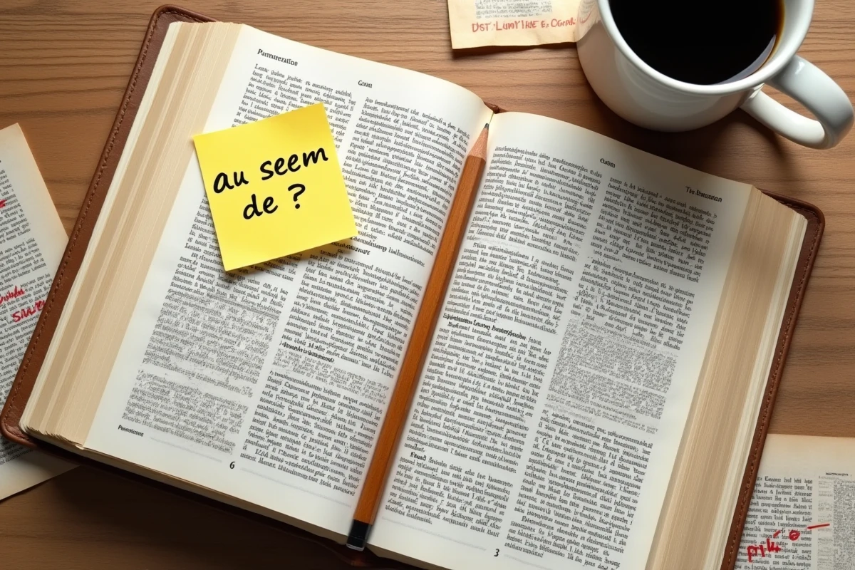 Vue aérienne d'un dictionnaire français ouvert avec une note manuscrite 'au sein de' posée dessus, illustrant le questionnement sur cette locution courante