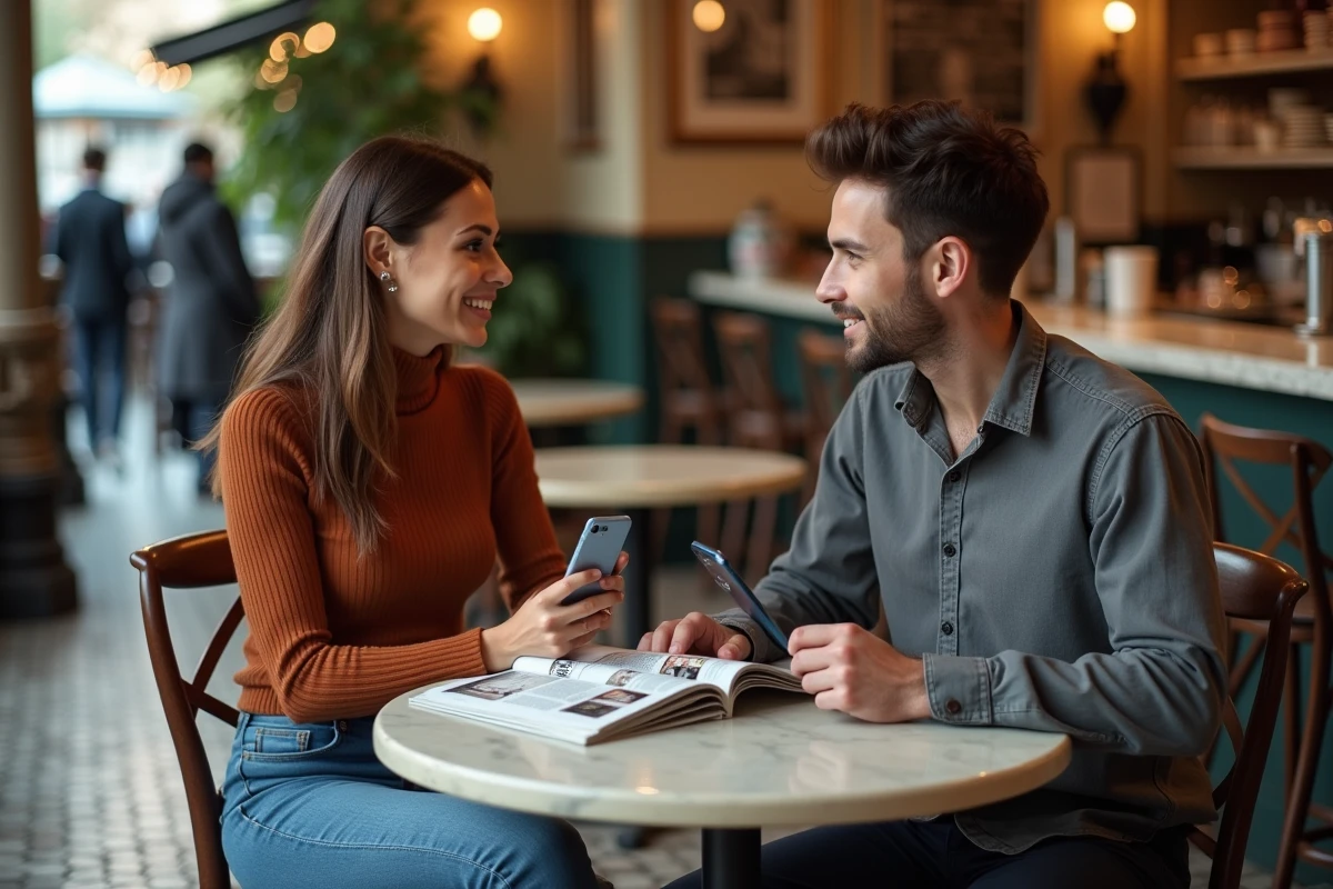 Deux jeunes adultes discutant autour d'un magazine culturel imprimé et d'un magazine en ligne sur smartphone dans un café parisien, représentant le débat entre médias traditionnels et numériques