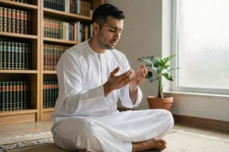 Homme musulman faisant la douaa istikhara les mains levées en prière sur un tapis de prière beige dans un bureau à la maison
