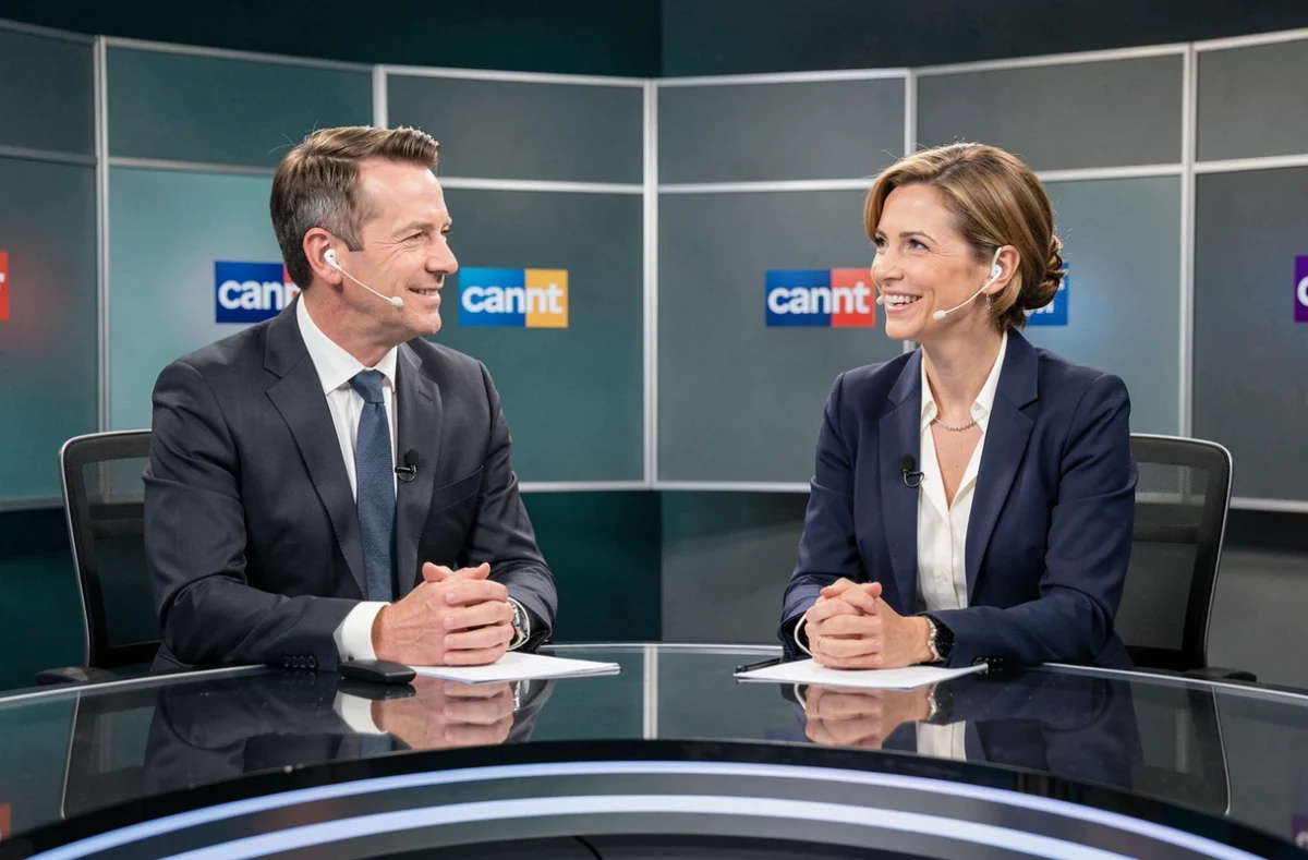 Duo de présentateurs TV français en direct sur un plateau de journal télévisé avec bureau d'antenne et décor professionnel