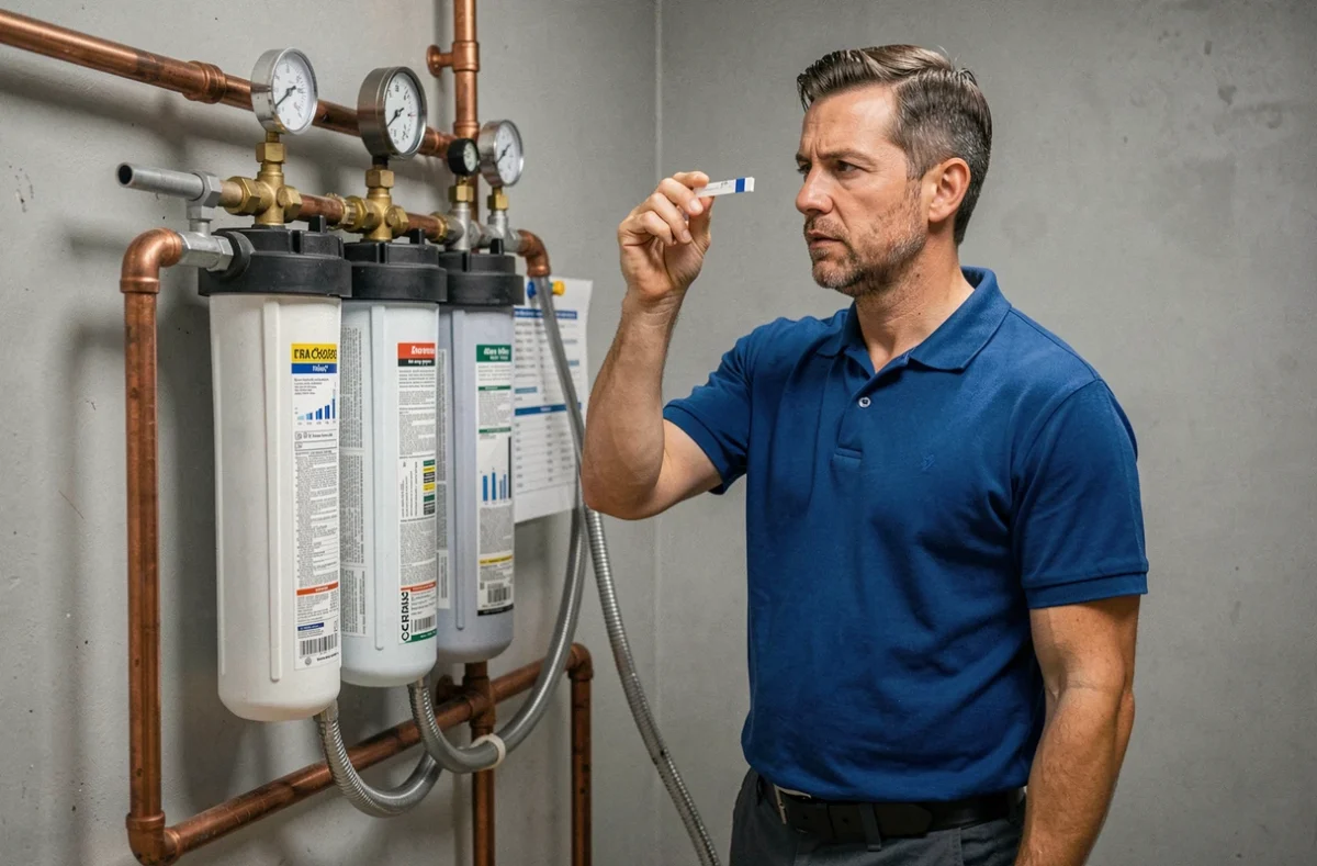Technicien analysant un système de traitement de l'eau dans une chaufferie, service plomberie et qualité de l'eau