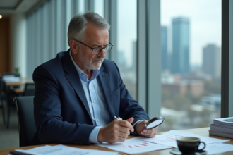 Economiste dage d’âge moyen analyse un graphique financier