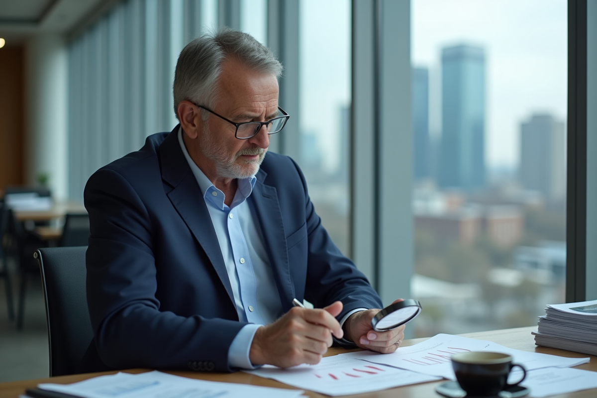 Economiste dage d’âge moyen analyse un graphique financier