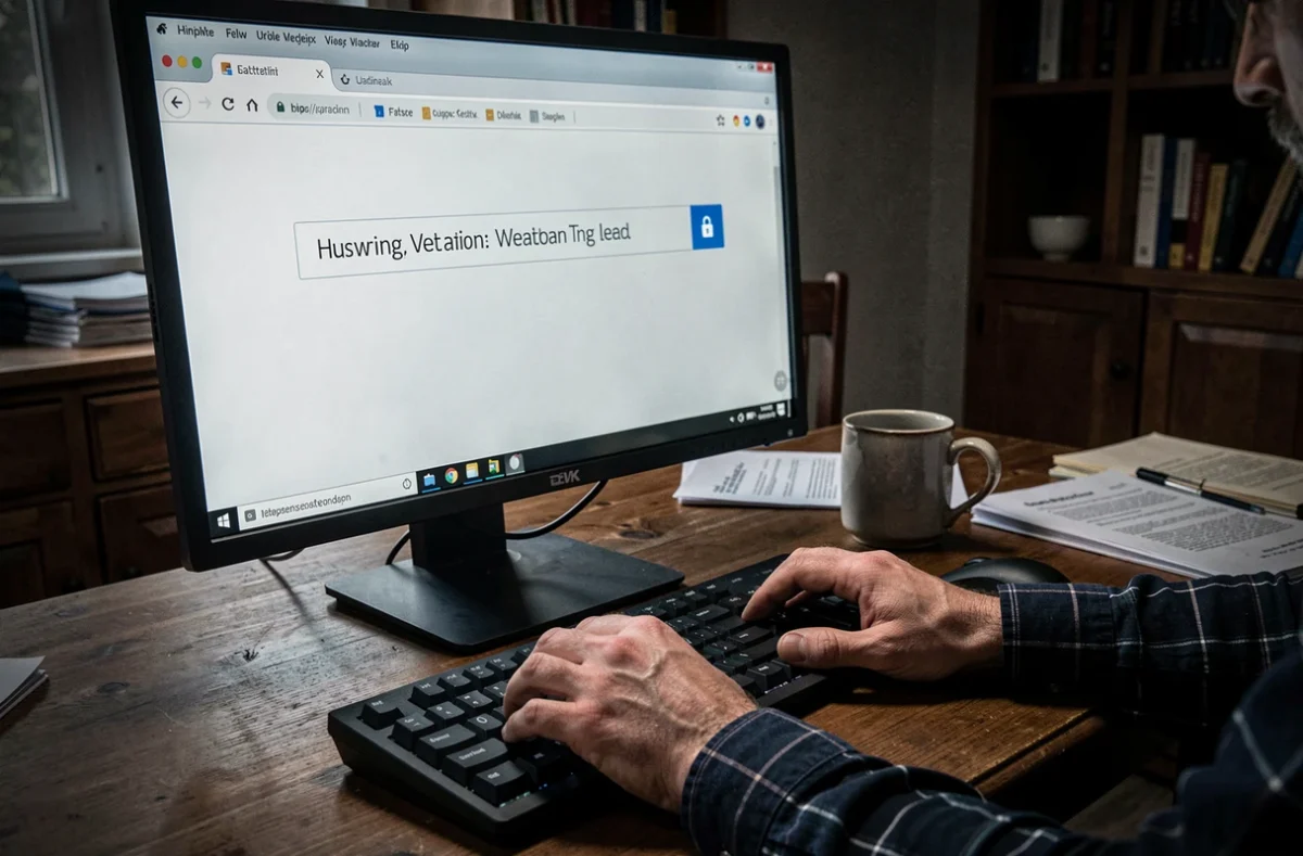 Gros plan d'un écran d'ordinateur affichant une URL sécurisée avec cadenas dans un bureau sombre
