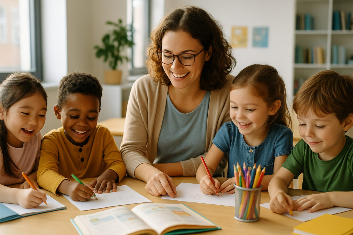 Enseignant avec des enfants dans une classe lumineuse