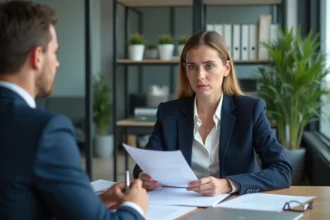 Femme en entretien d'embauche face à un recruteur dans un bureau moderne, expression tendue en relisant son CV