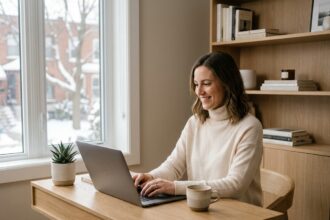 Femme trentenaire souriante envoyant ses vœux du Nouvel An 2026 depuis son bureau à domicile sur un ordinateur portable