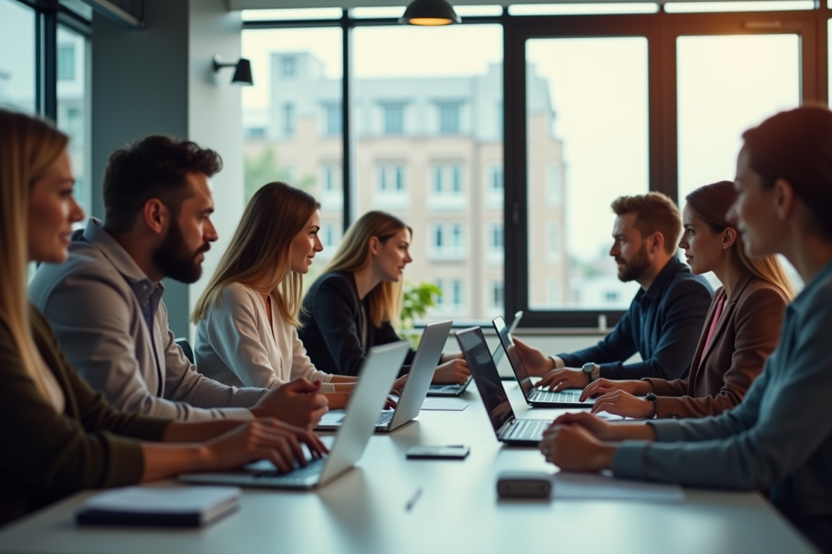 Équipe diversifiée collaborant dans un bureau lumineux