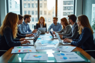Groupe de professionnels collaborant autour de graphiques colorés