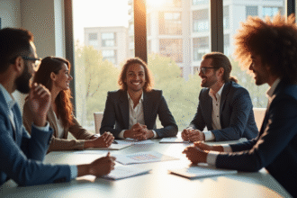 Équipe diversifiée confiante autour d'une table moderne