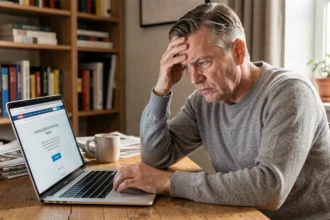 Homme frustré devant un message d'erreur de paywall sur un ordinateur portable en tentant de lire un journal en ligne gratuitement