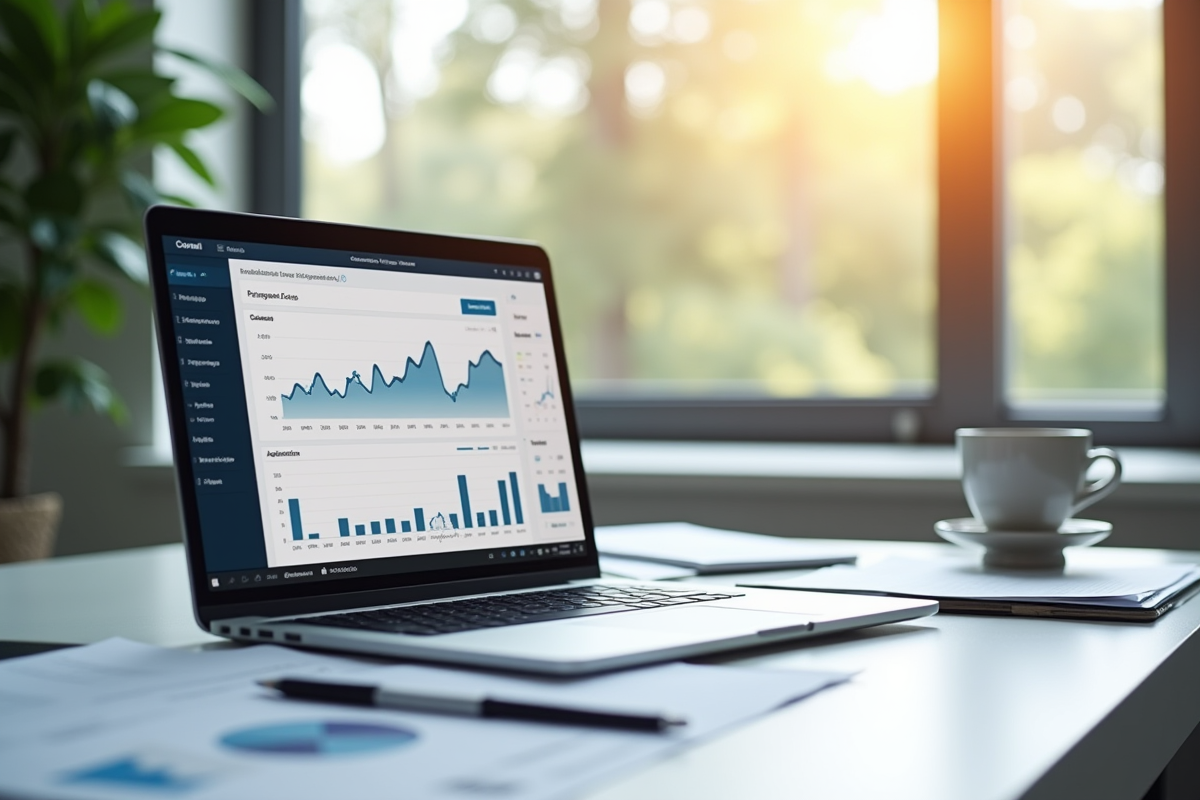 Espace de travail minimaliste avec ordinateur et documents financiers