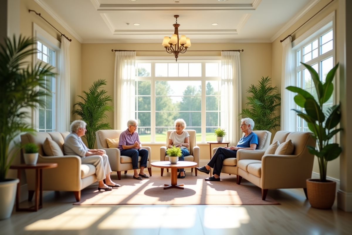 Espace commun lumineux avec seniors relaxant dans une residence