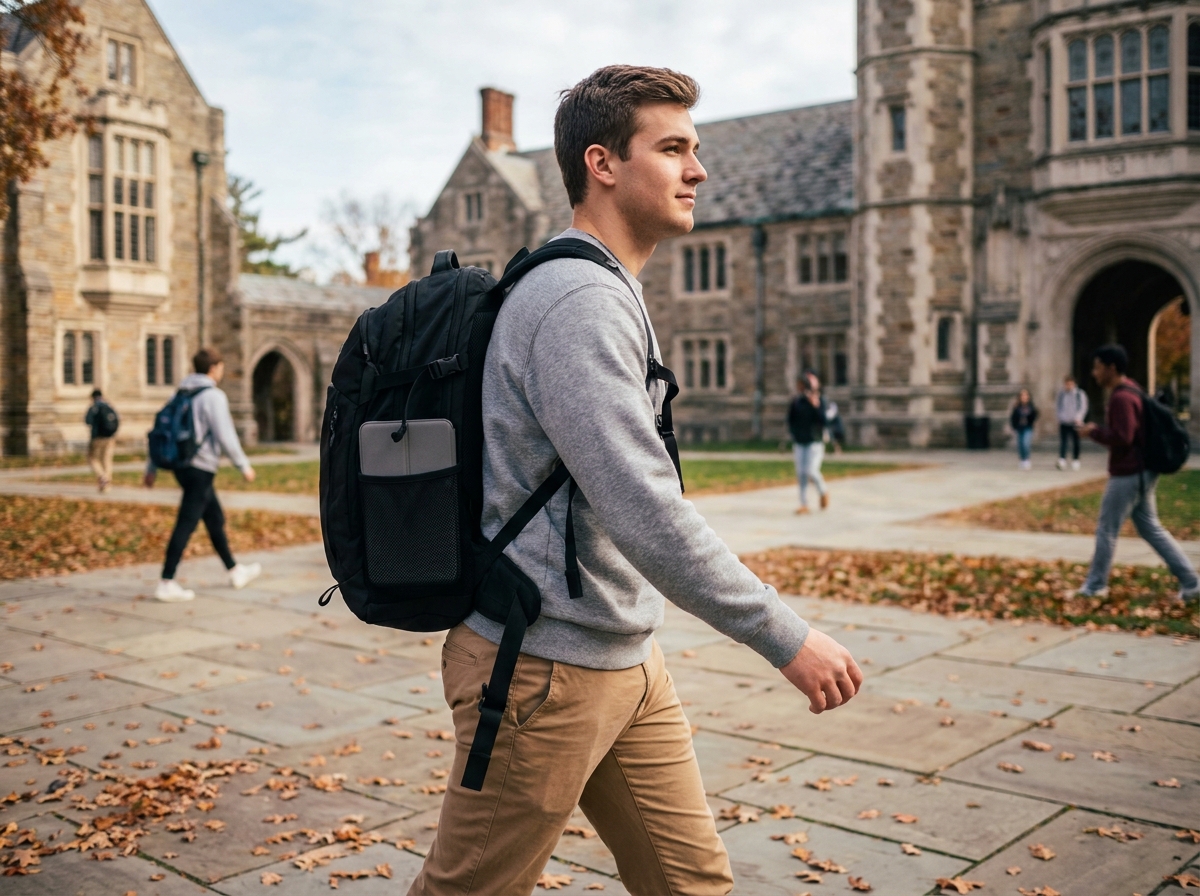 Étudiant universitaire portant un grand sac à dos technique sur un campus en automne, vue en pied sur allée piétonne
