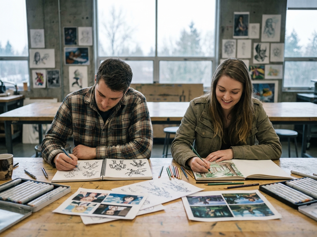 Deux étudiants en art travaillant côte à côte sur des sketchbooks de concept art dans un atelier d'école de design