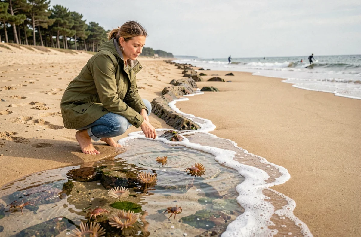 Femme explorant les flaques de marée basse sur la plage d'Anglet lors d'un grand coefficient de marée