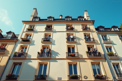 Façade d'un immeuble français avec résidents regardant par la fenêtre