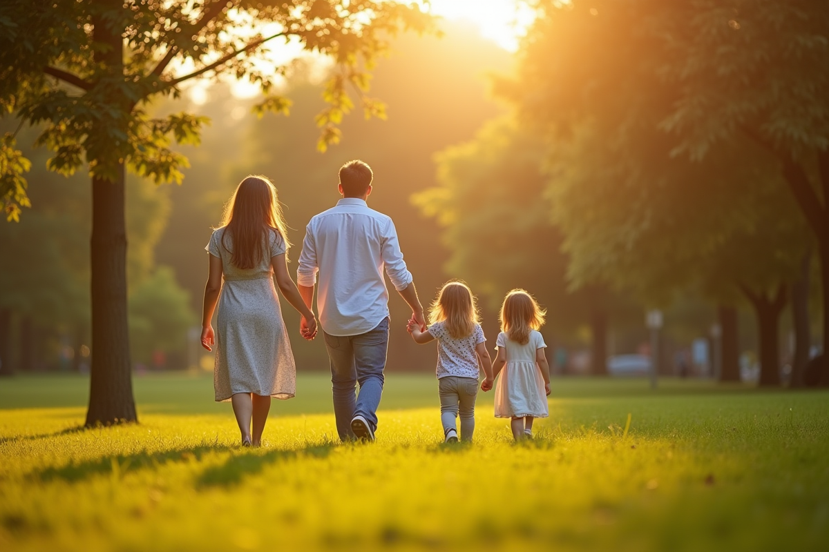 Famille marchant main dans la main dans un parc ensoleille