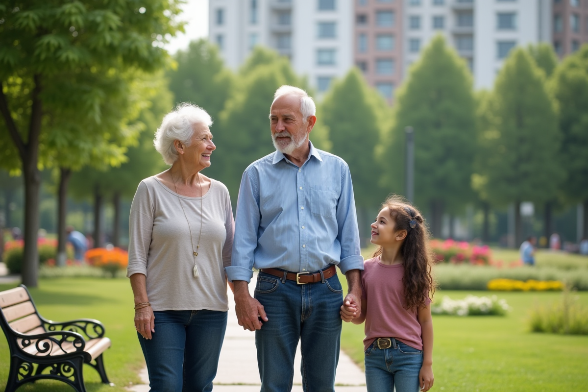 Famille multigenerale se tenant la main dans un parc urbain
