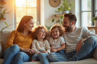 Famille heureuse dans un salon lumineux et moderne