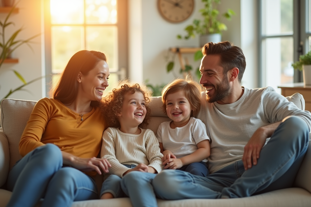 Famille heureuse dans un salon lumineux et moderne