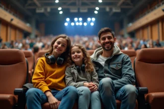 Famille avec enfants dans une zone calme d'une salle de concert Bercy, avec accès facilité et sièges confortables