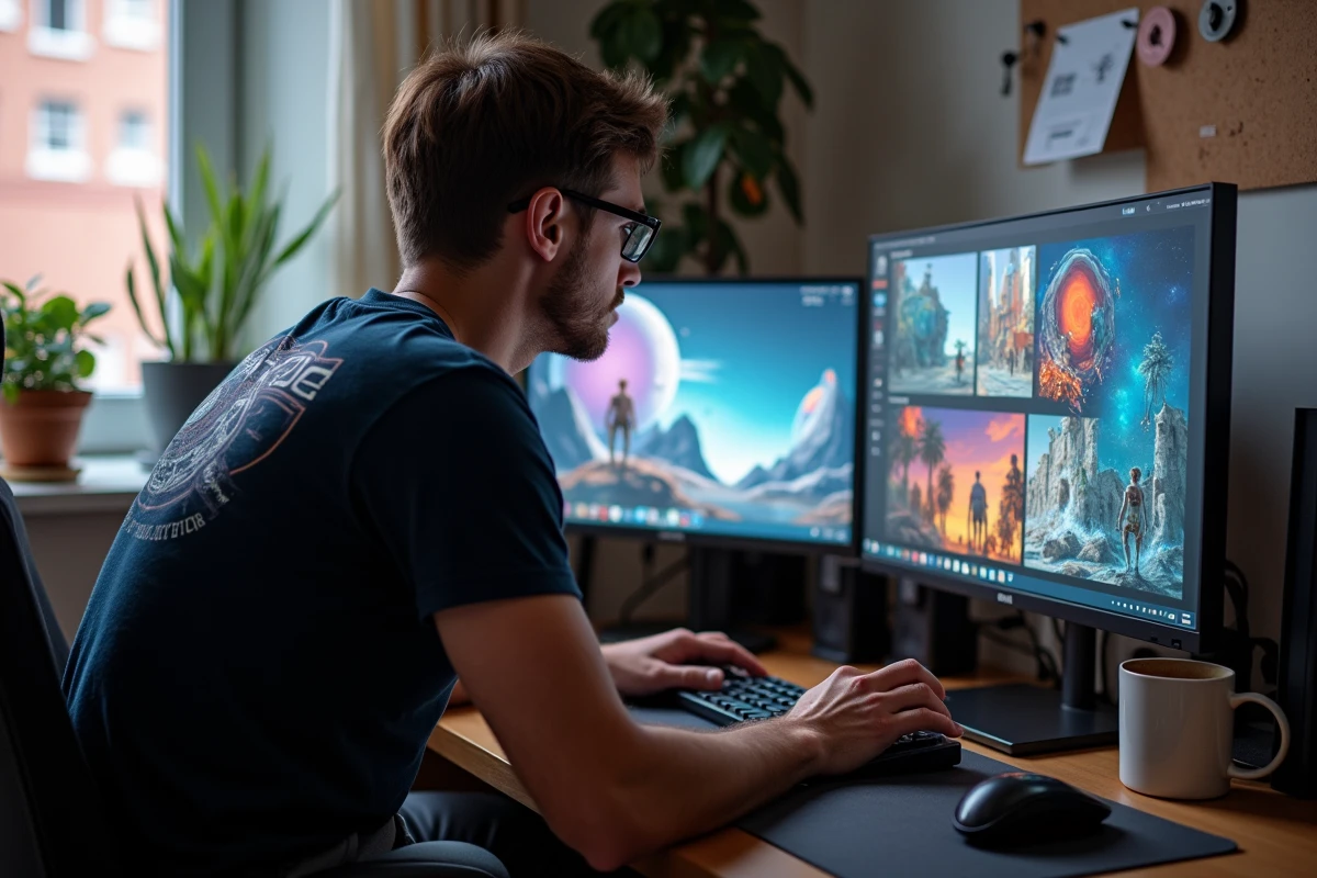 Homme passionné de webtoon SF naviguant sur une plateforme de lecture en ligne depuis son bureau à domicile