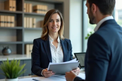 Femme en urbanisme parlant avec un agent dans un bâtiment moderne