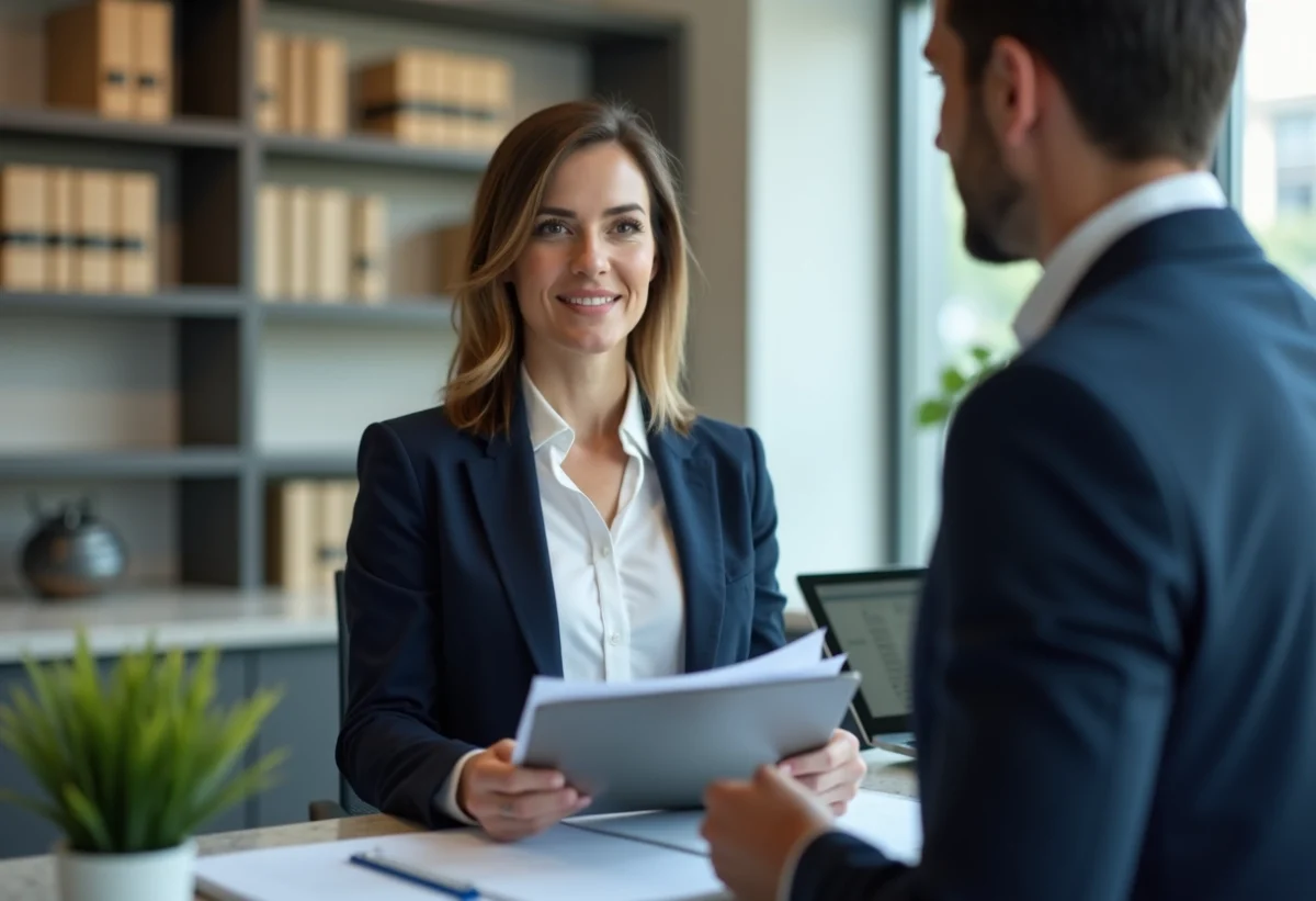Femme en urbanisme parlant avec un agent dans un bâtiment moderne