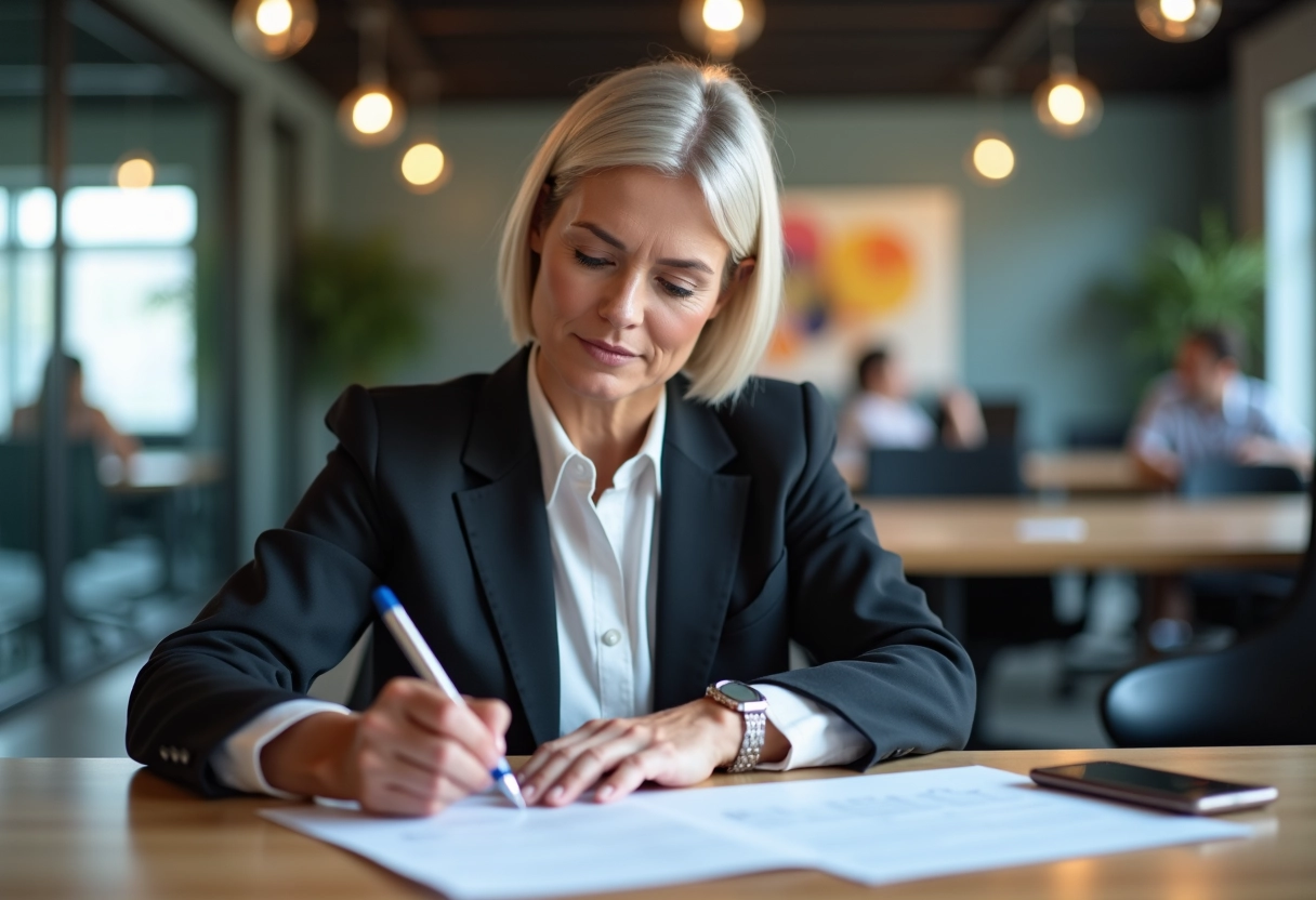 Femme d affaires examinant des documents dans un espace de coworking