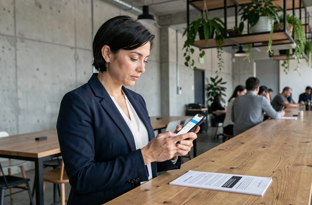 Femme analysant l'URL d'un site web sur son smartphone dans un espace de coworking moderne
