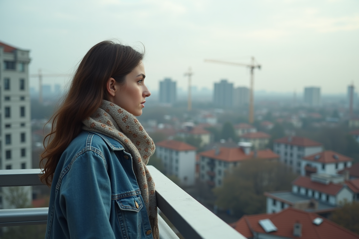 Jeune femme regardant les toits de la ville depuis un balcon