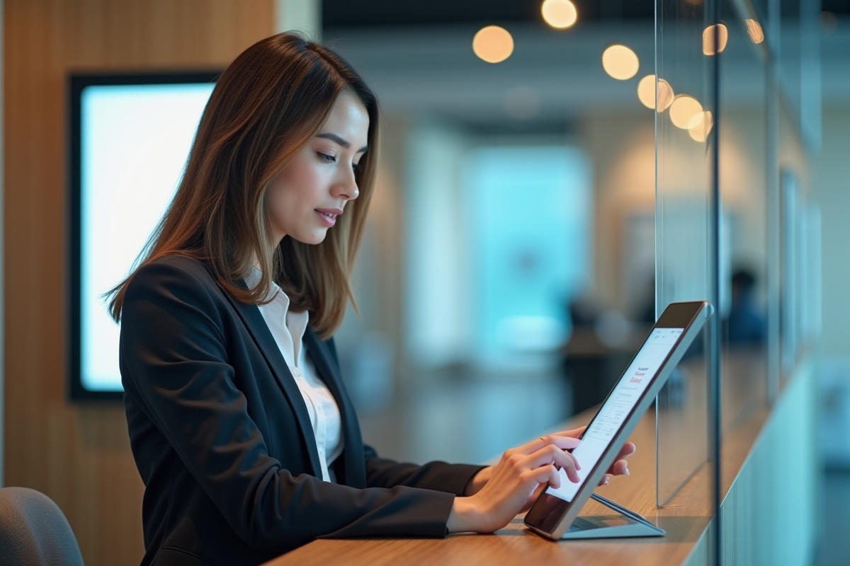 Femme d affaires utilisant un kiosque digital dans une banque moderne