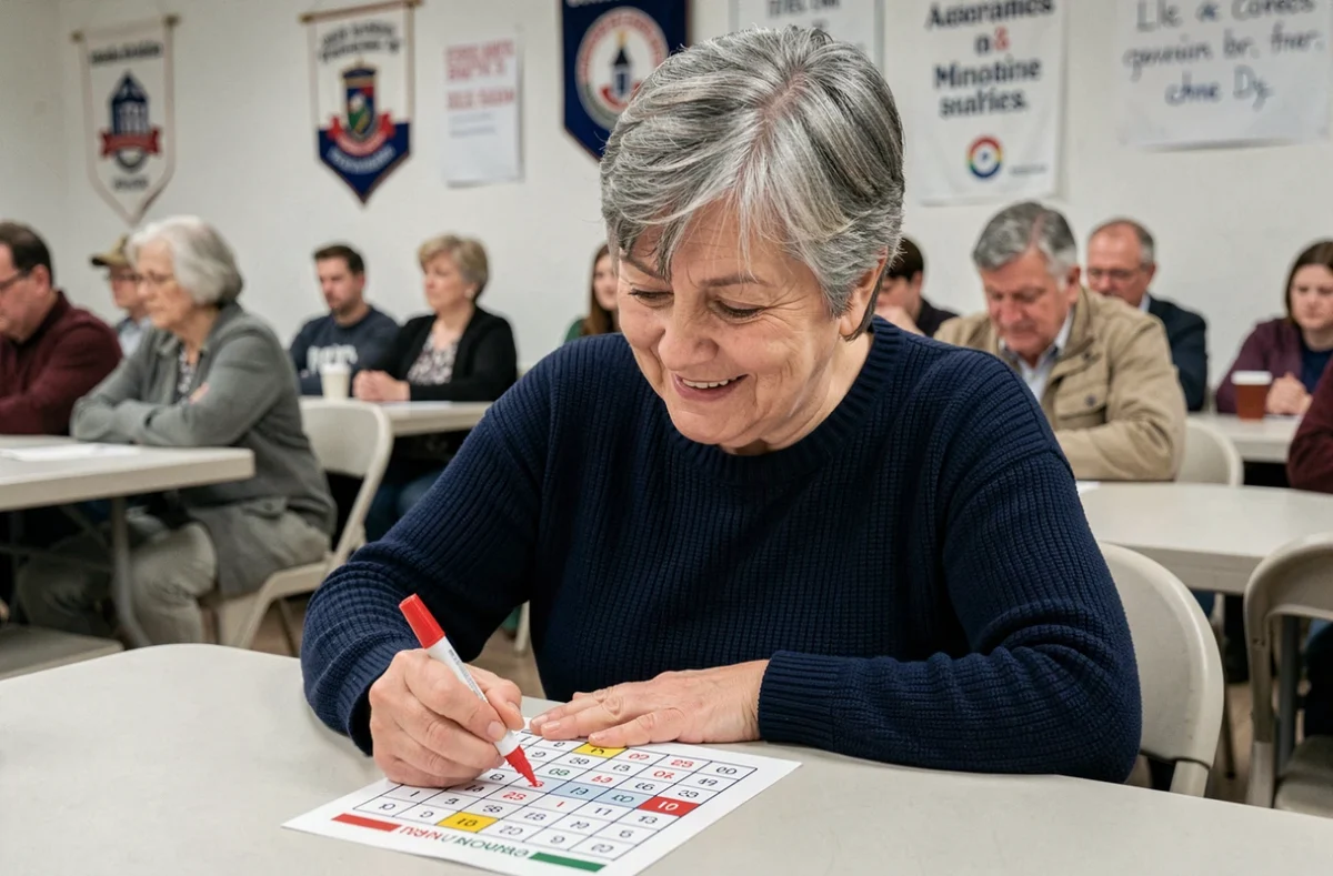 Femme concentrée sur sa carte de bingo lors d'une soirée dans un club associatif