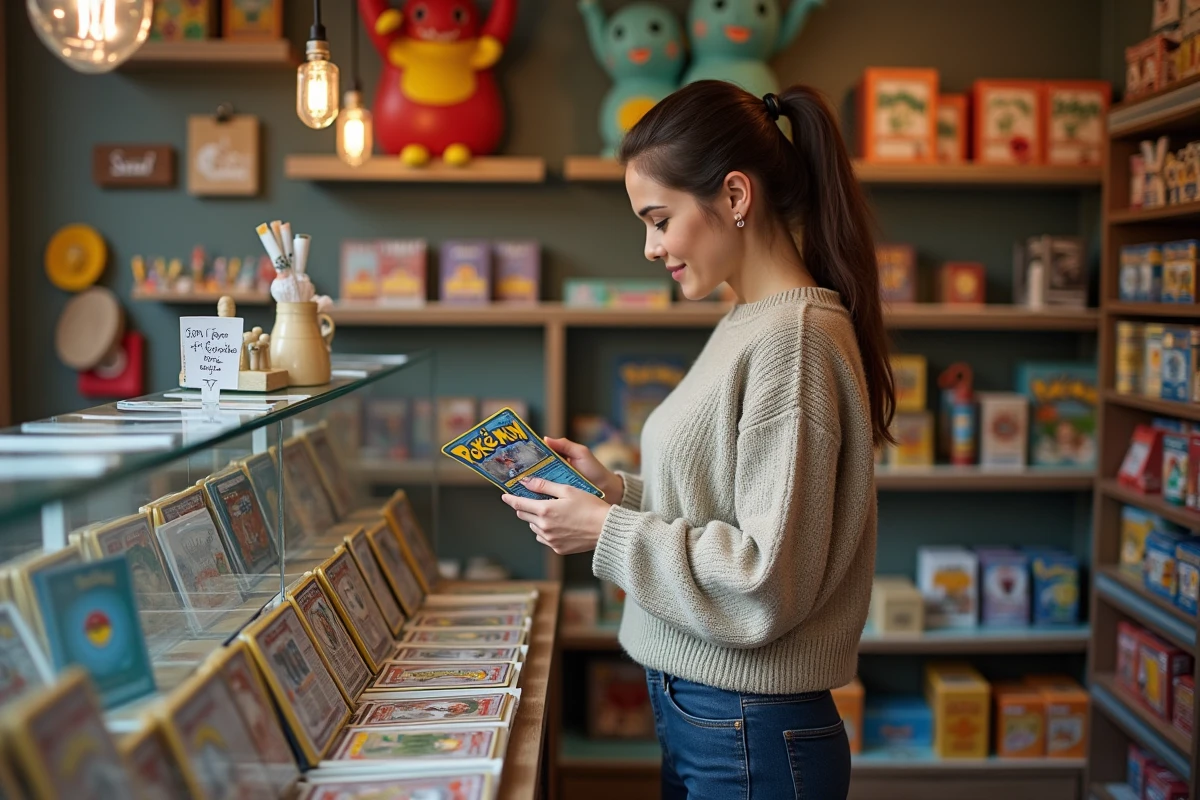 Femme regardant cartes Pokémon dans une boutique de jeux