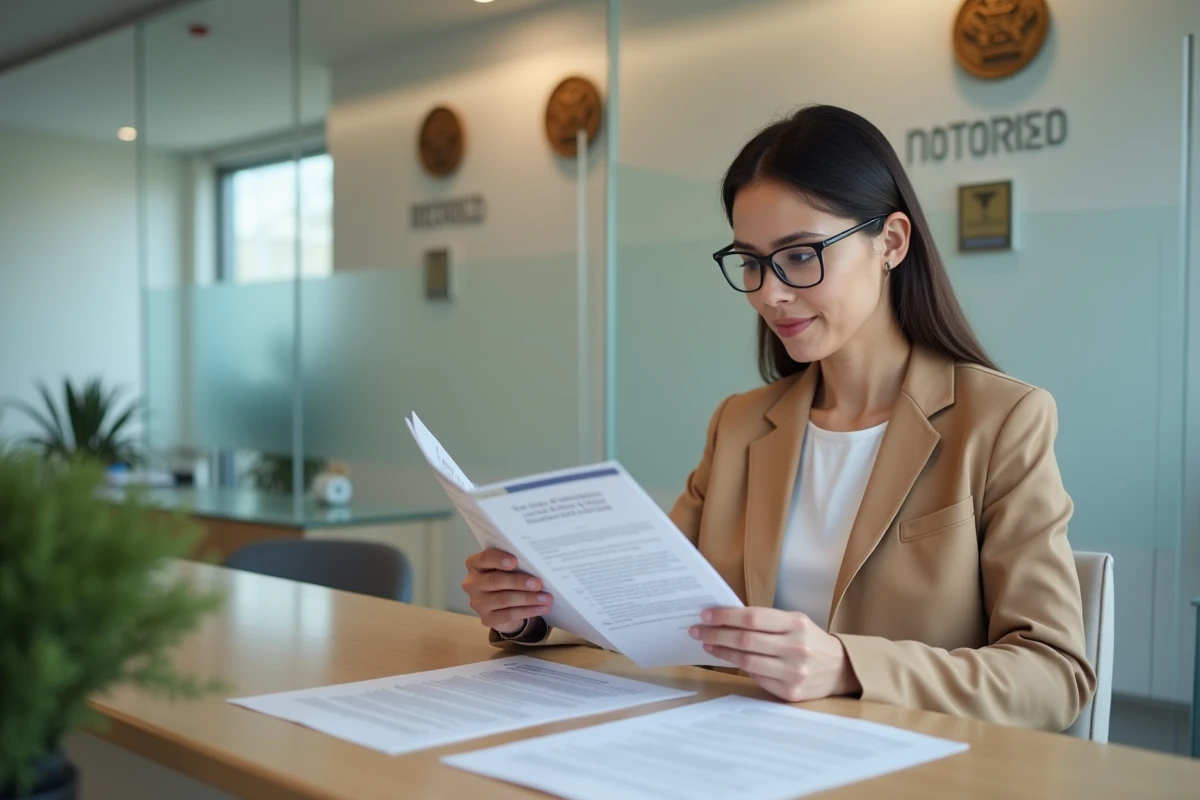 Femme consultant une brochure d'information dans la salle d'attente d'une chambre des notaires