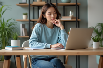 Femme en bureau à domicile avec ordinateur et plantes