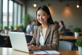 Jeune femme en bureau moderne travaillant sur son ordinateur