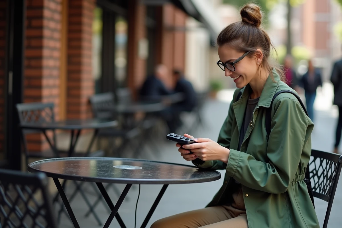 Femme dans un café urbain jouant à un jeu rétro
