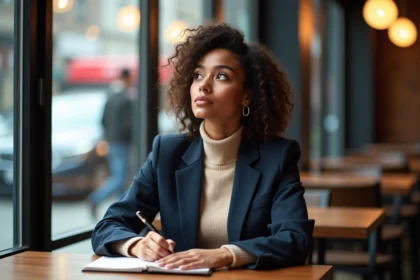 Femme en blazer navy dans un café urbain lumineux
