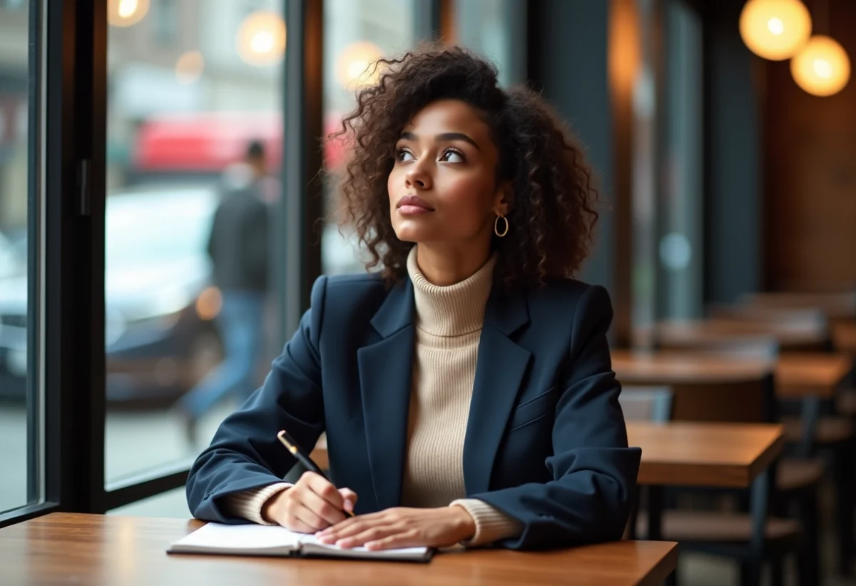 Femme en blazer navy dans un café urbain lumineux