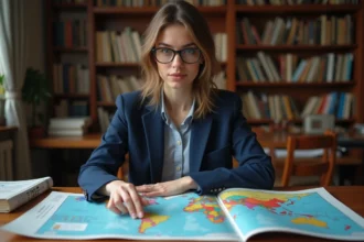 Femme étudiant une carte du monde avec les capitales marquées pour préparer un quiz de géographie