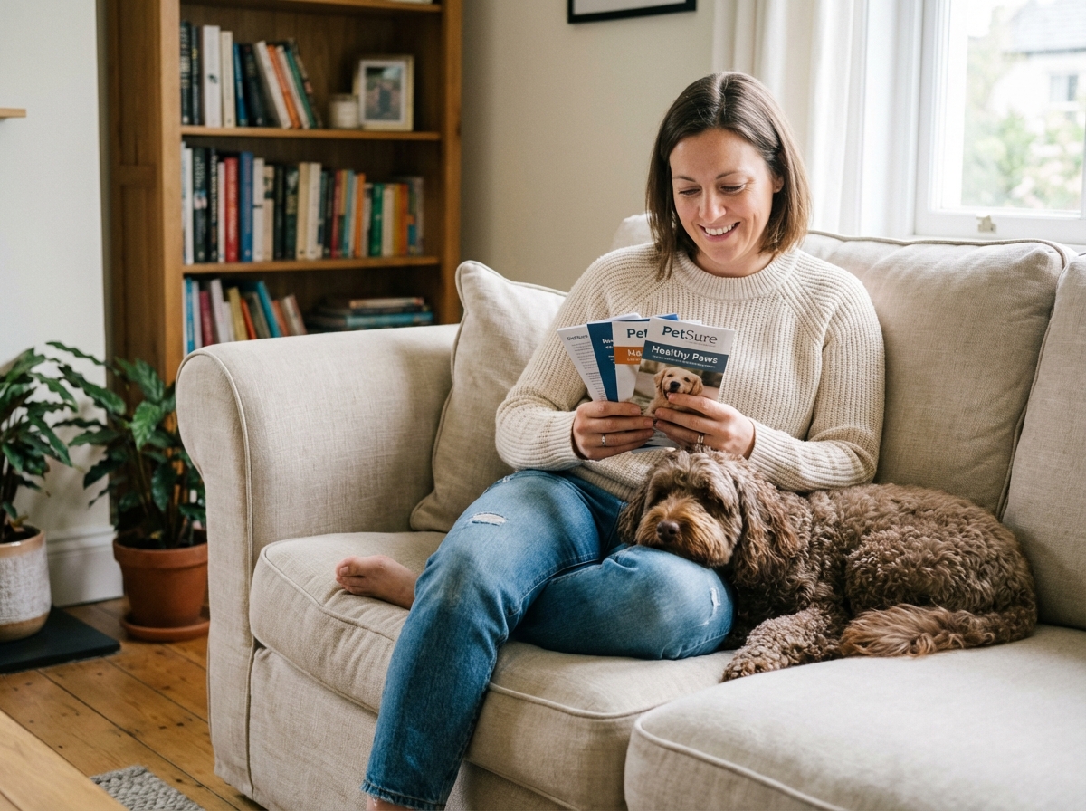 Femme souriante avec chien et brochures d'assurance