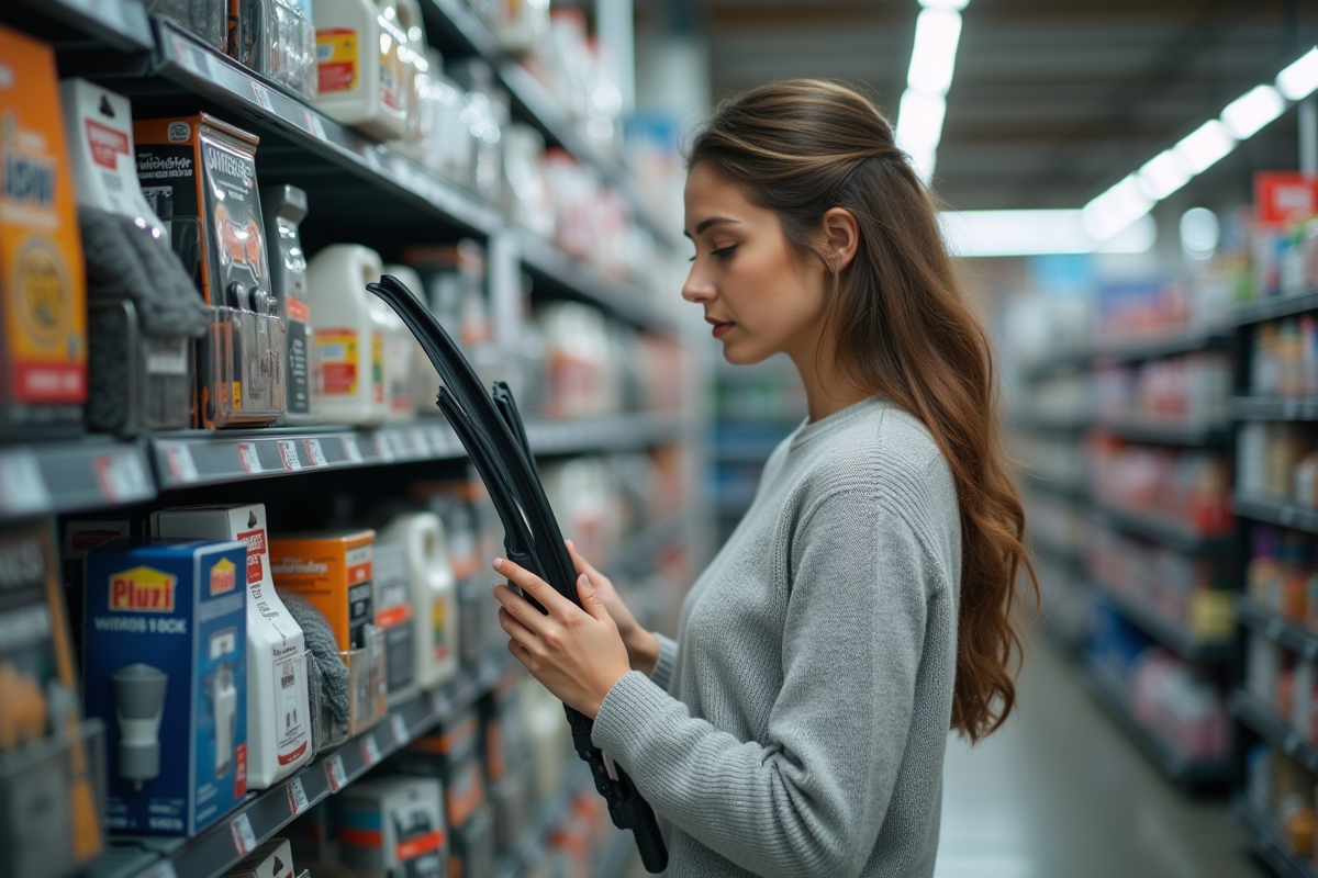 Jeune femme comparant des lave-vitres dans un magasin de bricolage