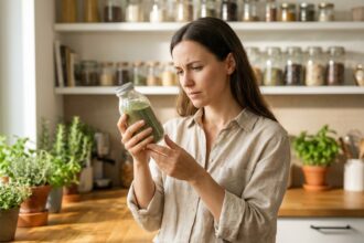 Femme lisant l'étiquette d'un complément alimentaire bio en poudre verte dans une cuisine moderne avec des herbes fraîches