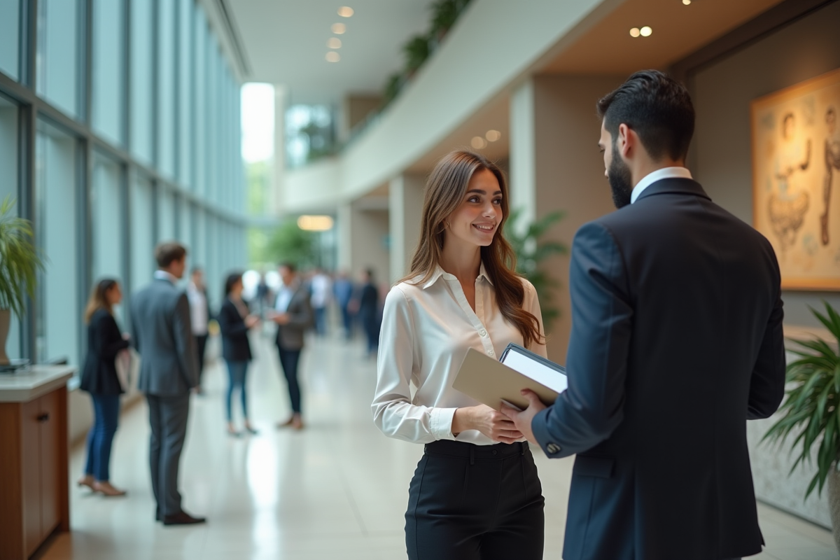 Jeune femme en blouse dans une banque moderne avec conseiller