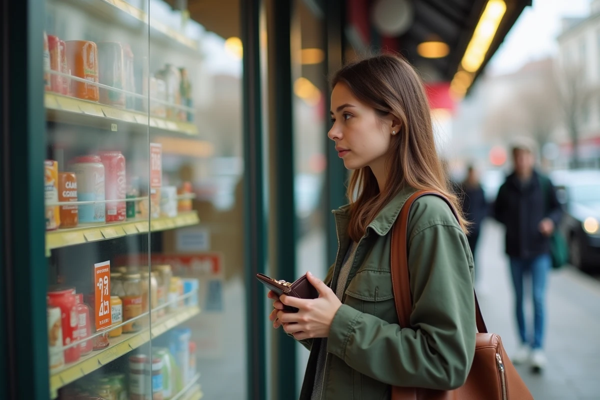 Jeune femme regarde prix dans un supermarche