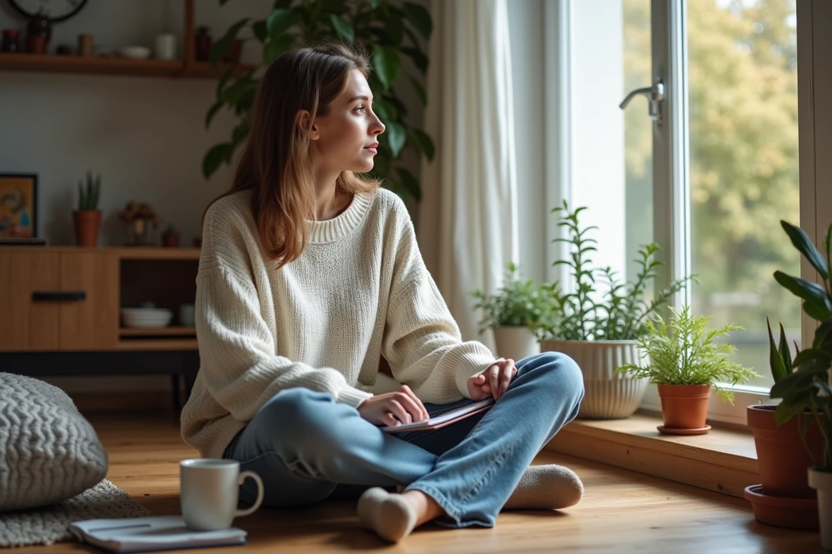 Jeune femme en intérieur cosy avec mug astrologie
